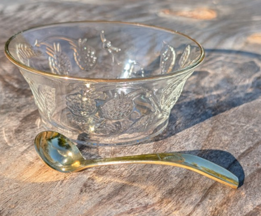 Arcoroc France Gold Rim Berry Design Glass Bowl 4 7/8" w/ Japan Spoon